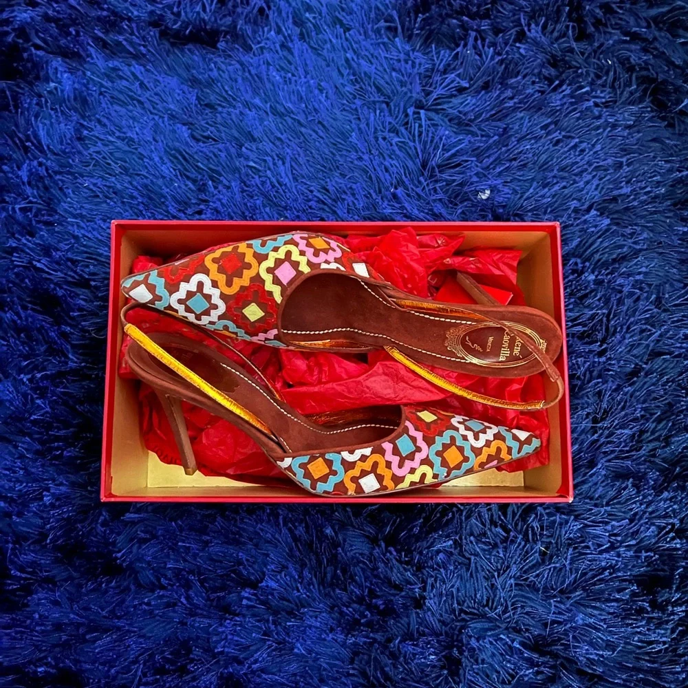 Rene Caovilla Multicolor Geometric Embroidered Slingback Heels